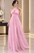 Vestido rosa de gasa con tirantes y fruncido