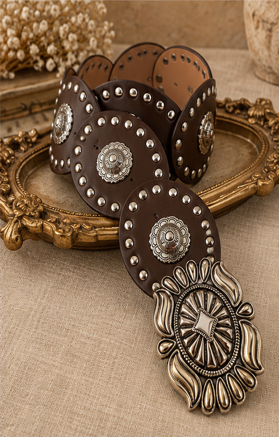 Cinturón ancho de conchos Boutiquemirel en cuero marrón, vista frontal detalle de hebilla y adornos metálicos