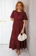 Vestido largo vino a lunares con escote en V