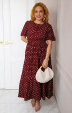 Vestido largo vino a lunares con escote en V