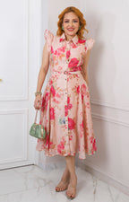 Vestido midi rosa estampado con cinturón