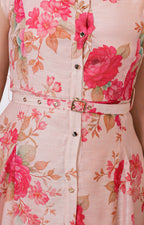 Vestido midi rosa estampado con cinturón