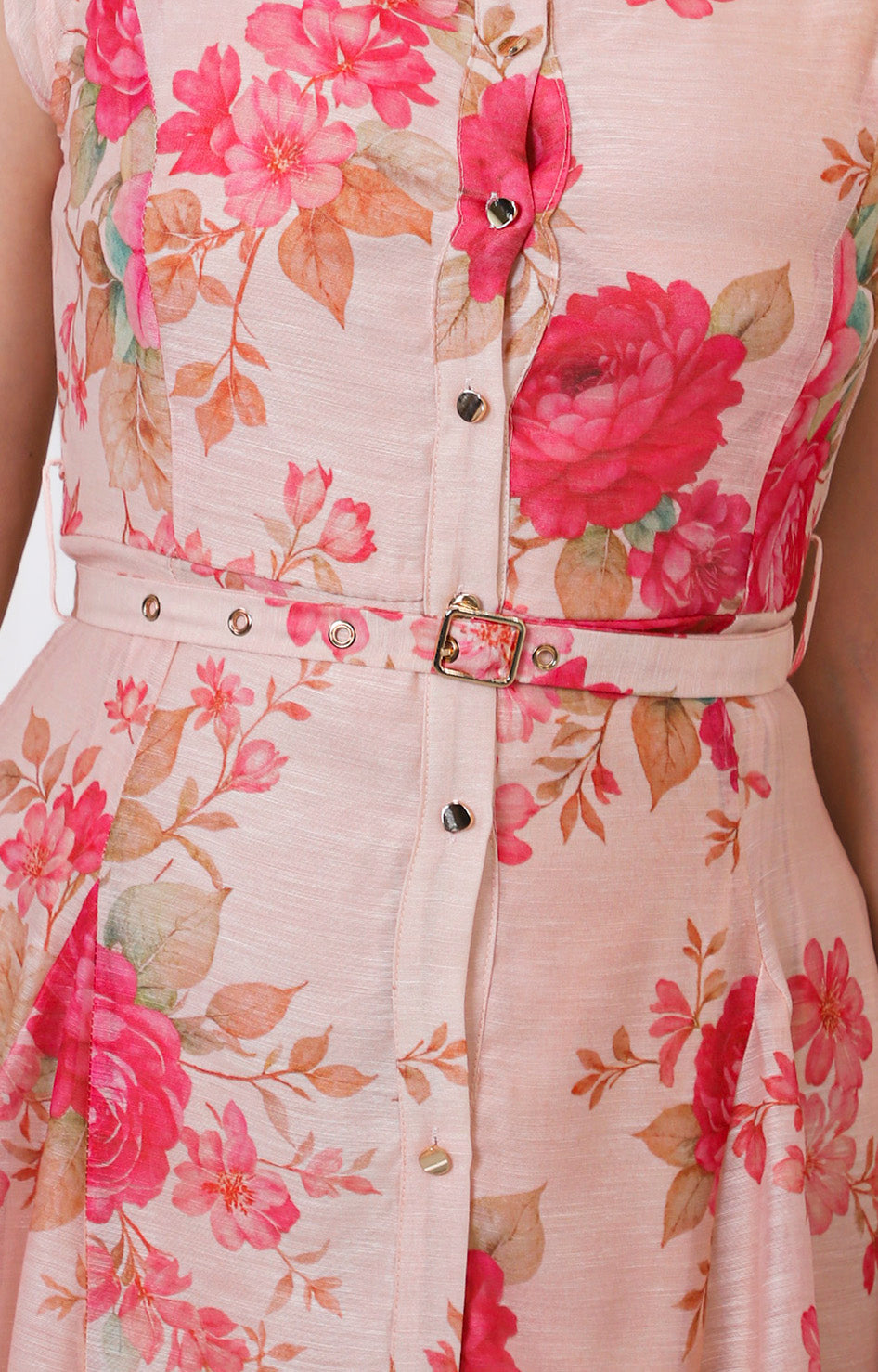 Vestido midi rosa estampado con cinturón