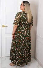 Vestido largo floral verde con mangas globo