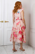 Vestido midi rosa estampado con cinturón
