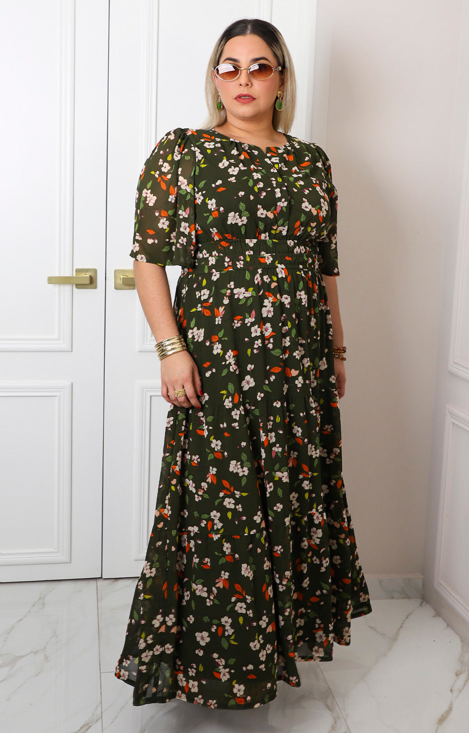 Vestido largo floral verde con mangas globo