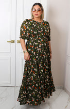 Vestido largo floral verde con mangas globo