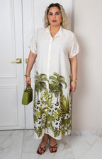 Vestido camisero largo con estampado tropical