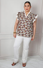 Blusa floral café con olán