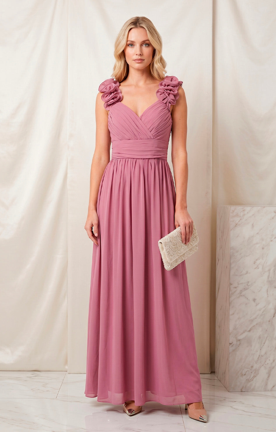 Vestido rosa con escote fruncido - VESTIDO LARGO REGULAR Boutiquemirel 