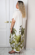 Vestido camisero largo con estampado tropical