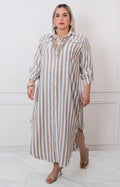 Vestido beige de rayas - VESTIDO LARGO CURVY Boutiquemirel 