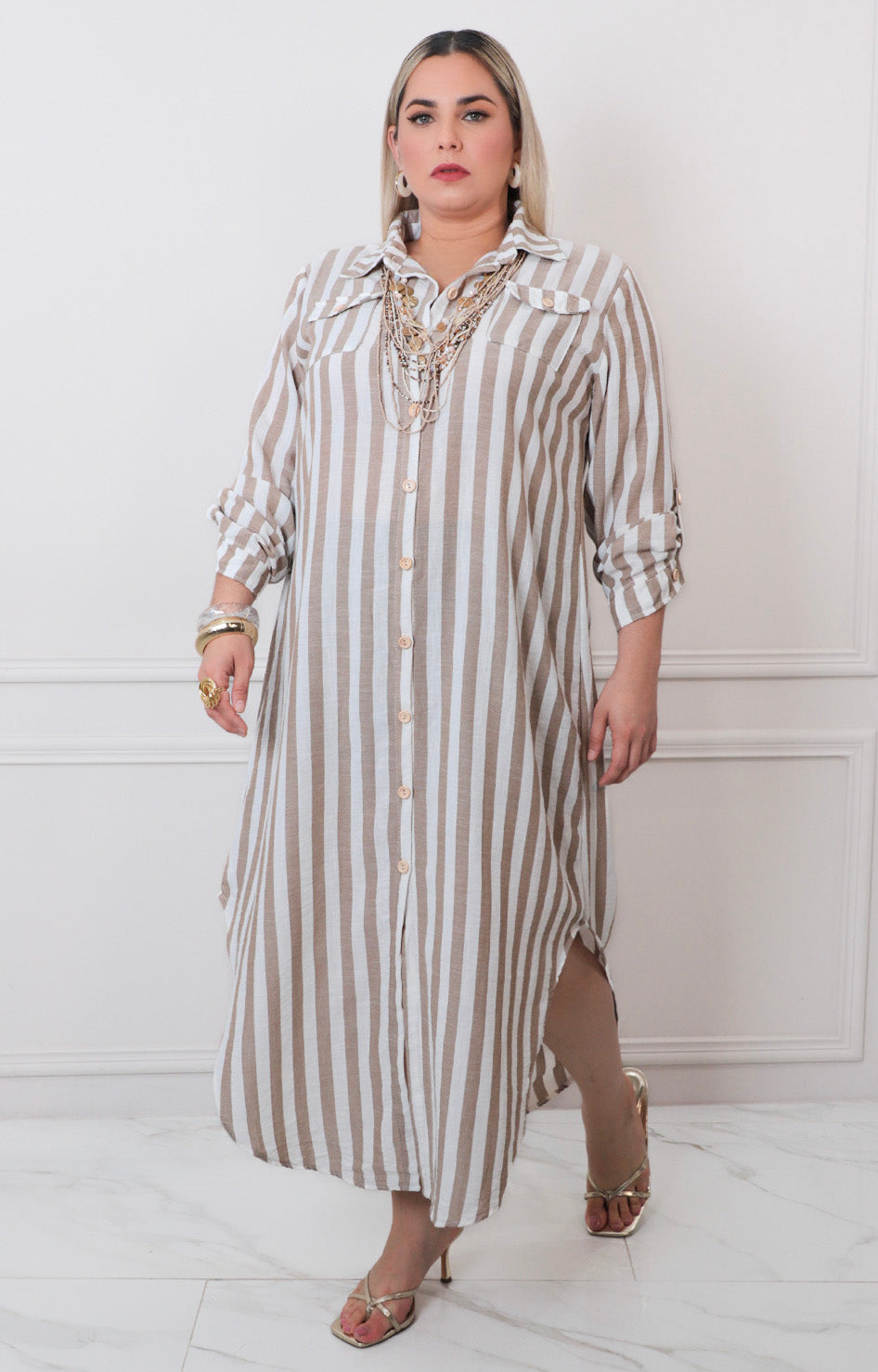 Vestido beige de rayas - VESTIDO LARGO CURVY Boutiquemirel 