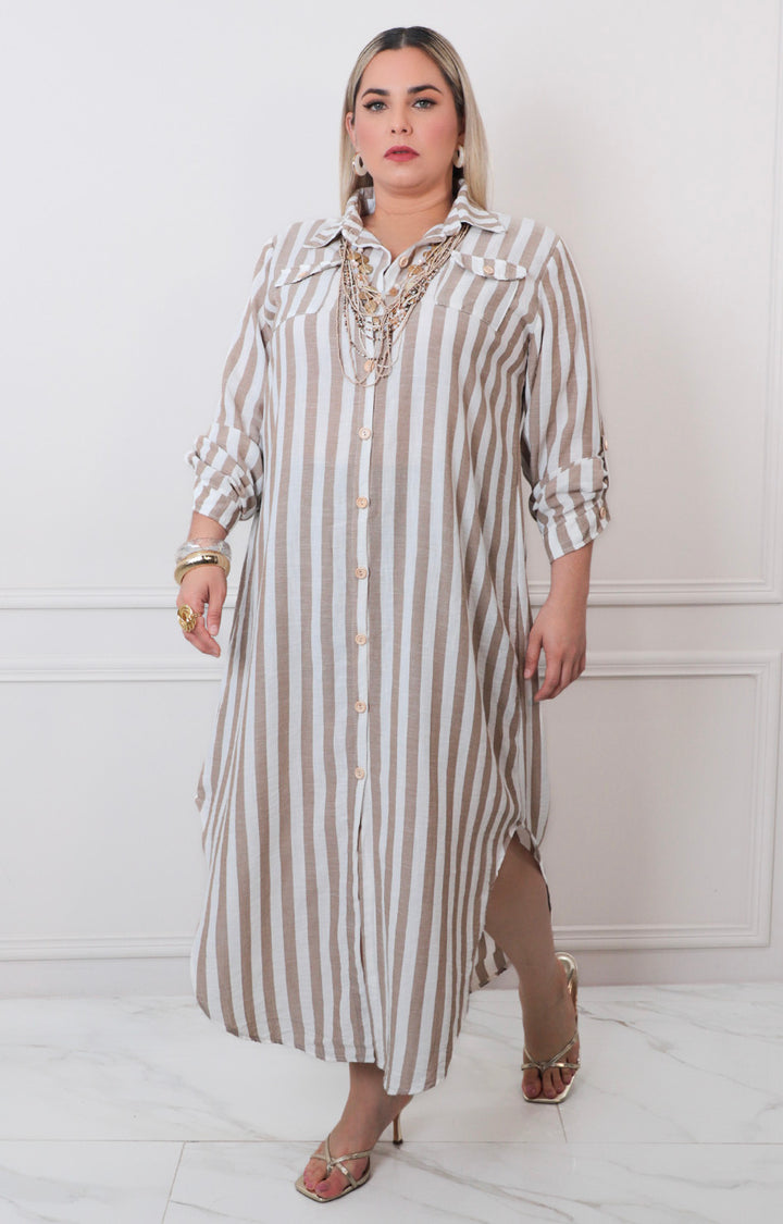 Vestido beige de rayas - VESTIDO LARGO CURVY Boutiquemirel 