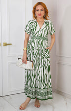 Vestido beige con estampado verde y cinturón