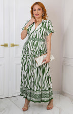 Vestido beige con estampado verde y cinturón