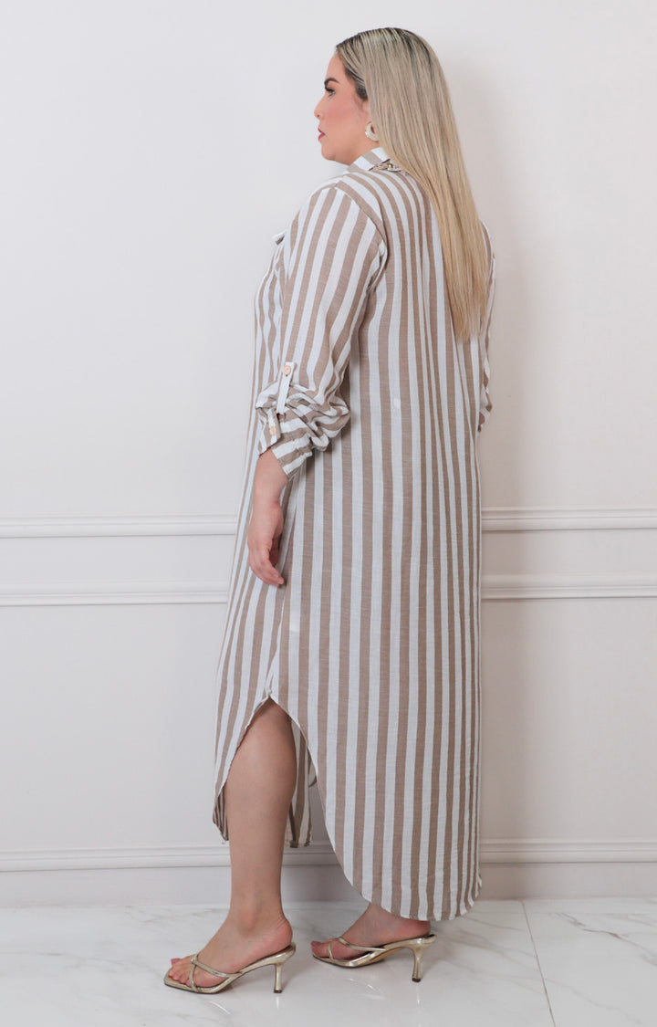 Vestido beige de rayas - VESTIDO LARGO CURVY Boutiquemirel 
