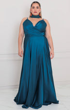 Vestido azul satinado cruzado - VESTIDO LARGO CURVY Boutiquemirel 
