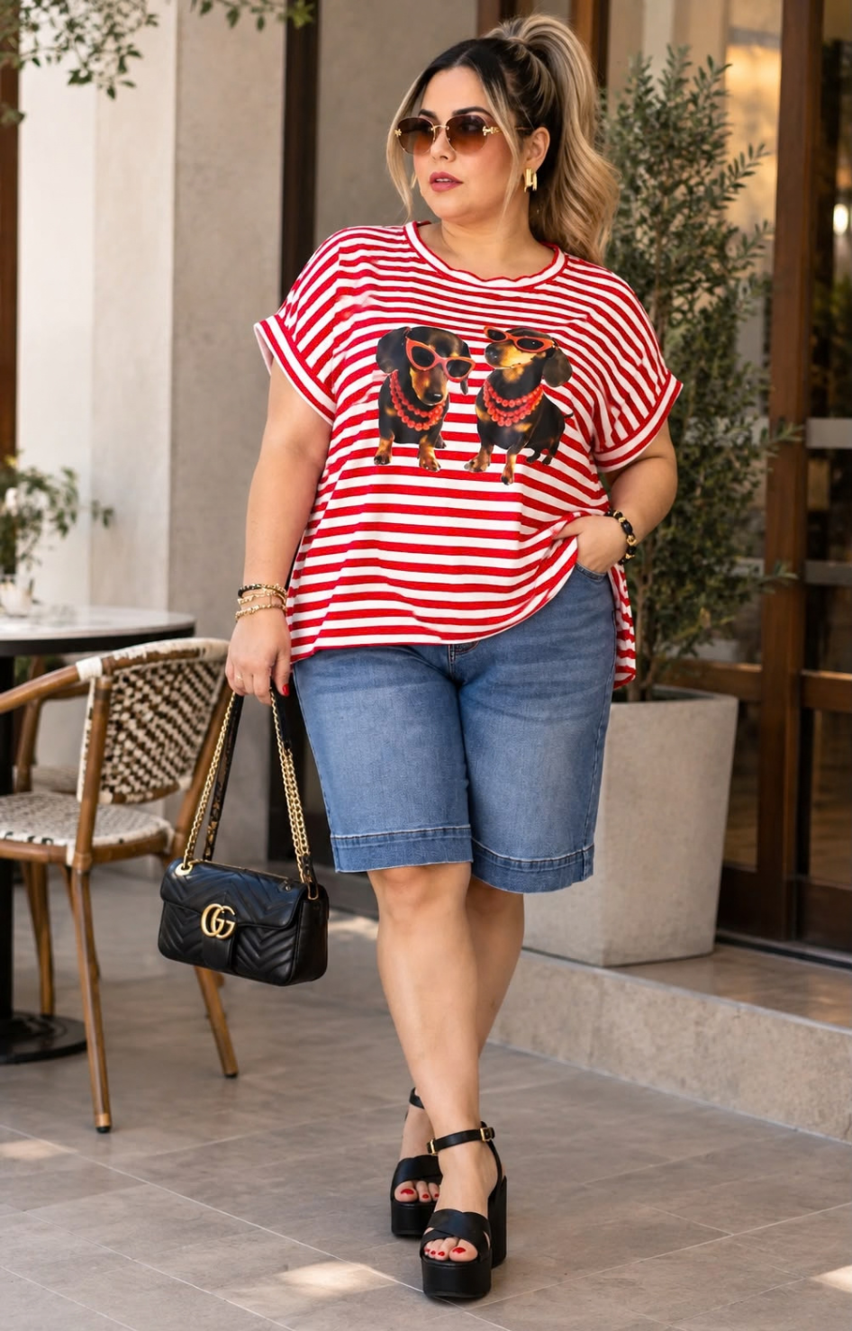 Blusa curvy de Boutiquemirel con estampado a rayas en tonos variados, con cuello y manga larga, visible en la imagen.