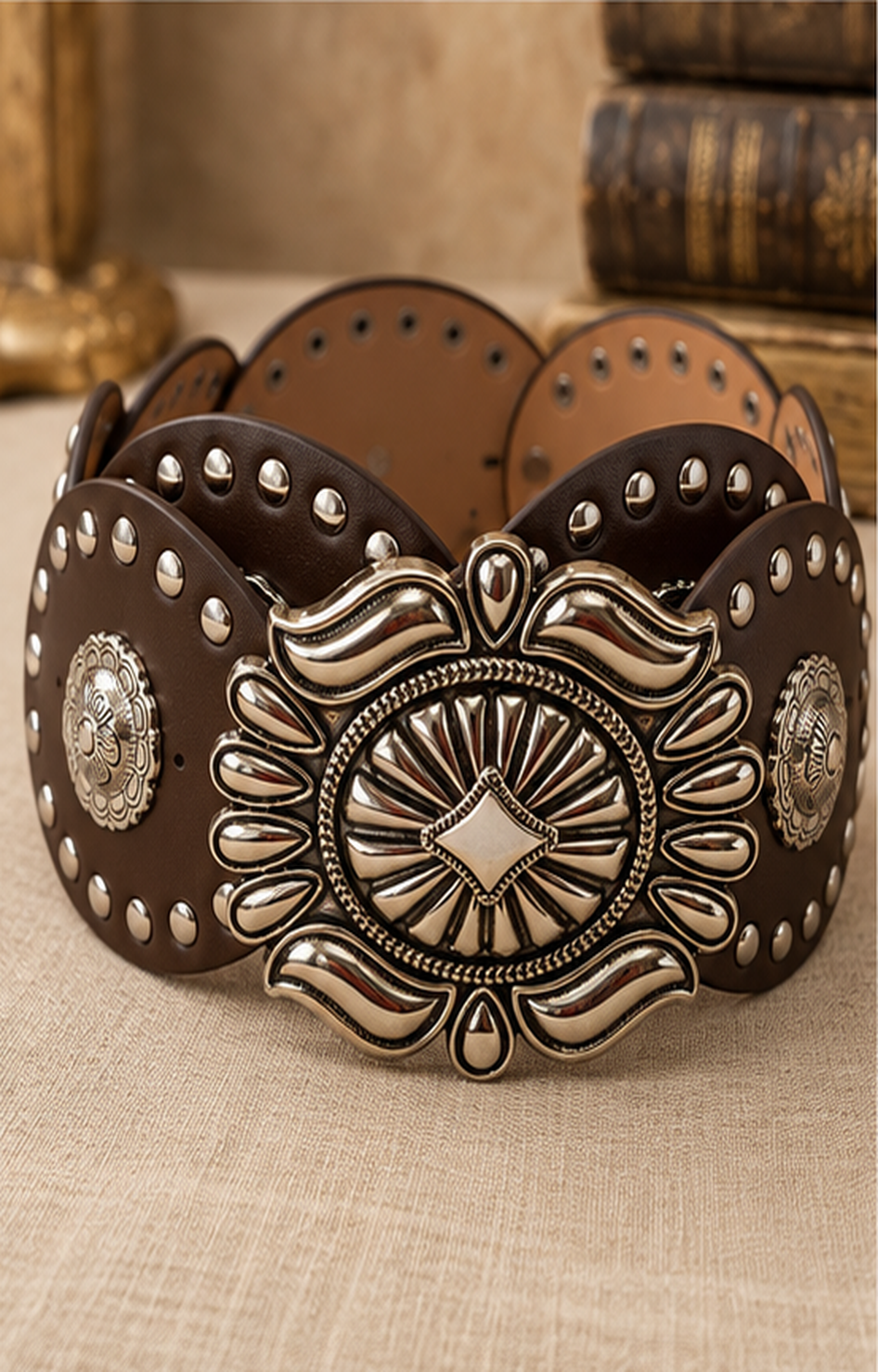 Cinturón ancho de conchos Boutiquemirel en vista frontal, diseño con detalles metálicos decorativos