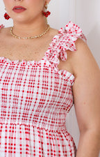 Vestido estampado de cuadros con olanes