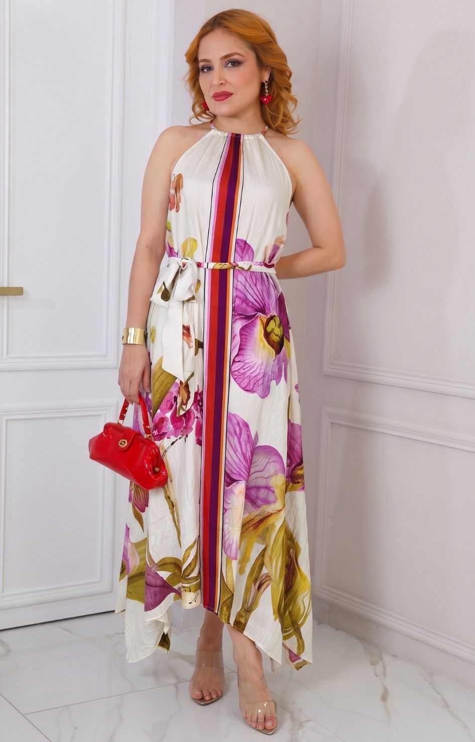 Vestido beige halter con estampado floral
