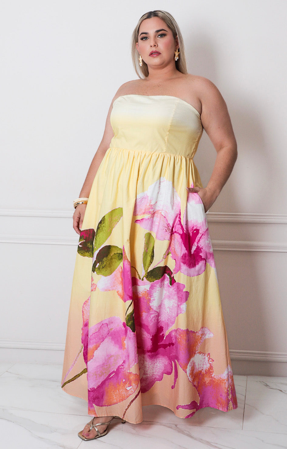Vestido amarillo strapless - VESTIDO LARGO CURVY Boutiquemirel 