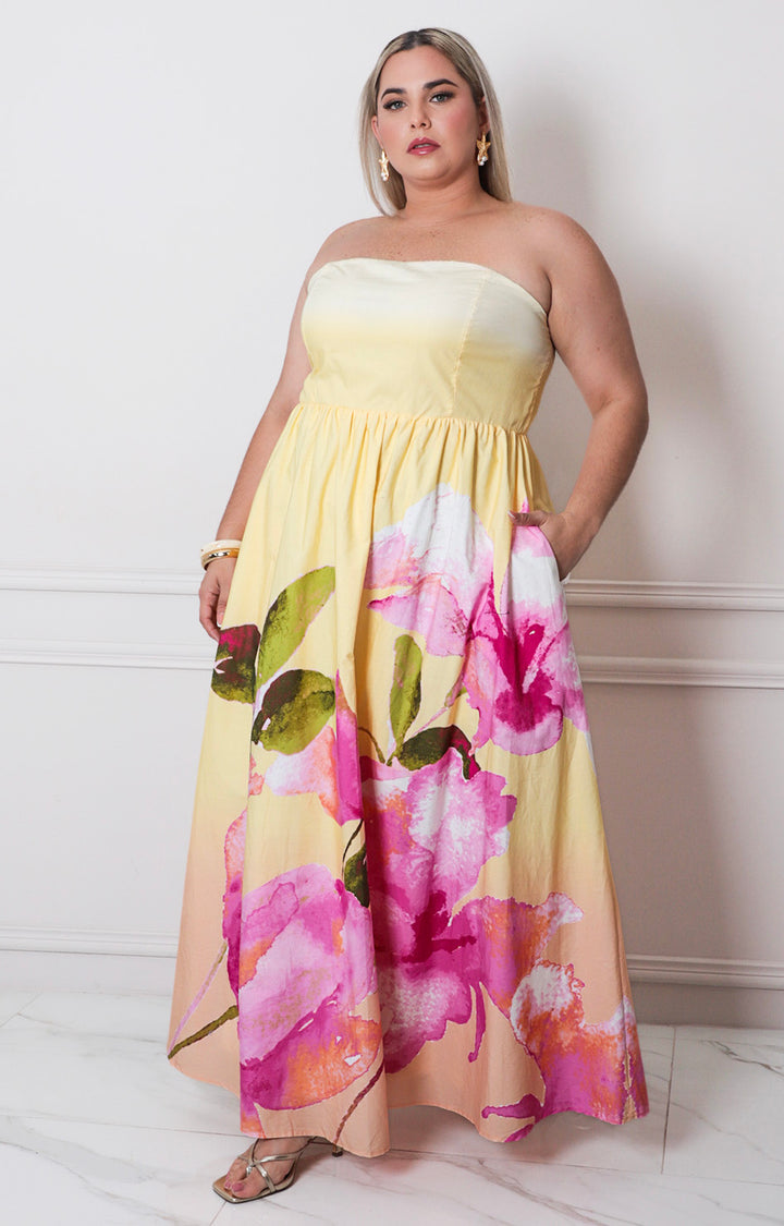 Vestido amarillo strapless - VESTIDO LARGO CURVY Boutiquemirel 