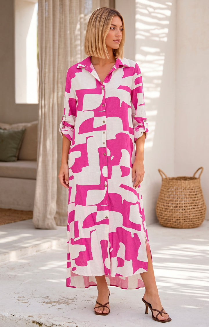 Vestido camisero con estampado fucsia