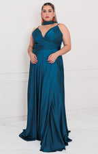 Vestido azul satinado cruzado - VESTIDO LARGO CURVY Boutiquemirel 