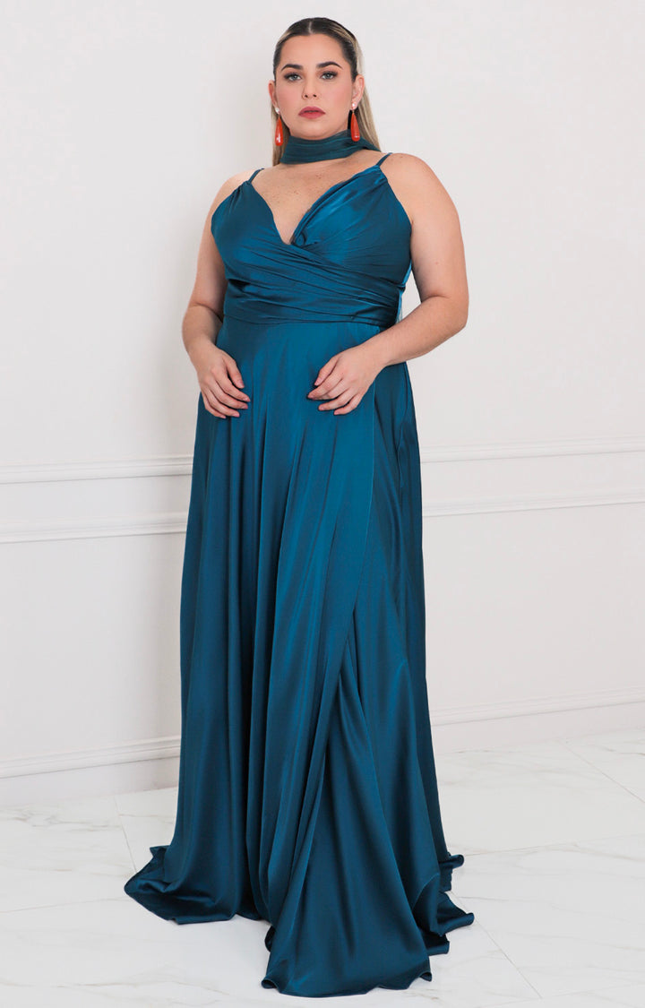 Vestido azul satinado cruzado