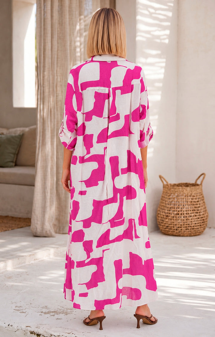 Vestido camisero con estampado fucsia
