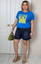 Blusa azul con estampado de limones