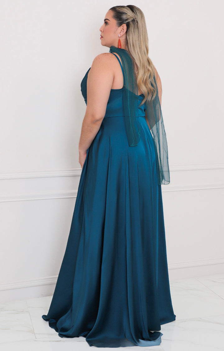 Vestido azul satinado cruzado