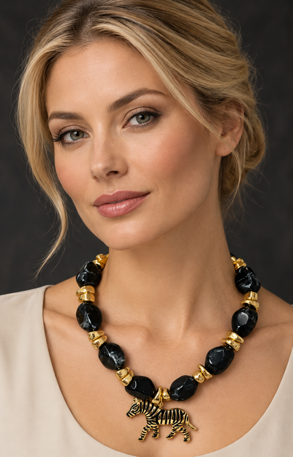 Collar llamativo de cuentas negras con dije de elefante