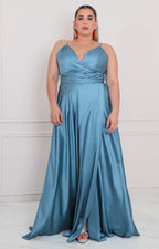 Vestido azul satinado con drapeado - VESTIDO LARGO CURVY Boutiquemirel 
