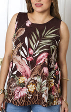 Blusa café con estampado tropical