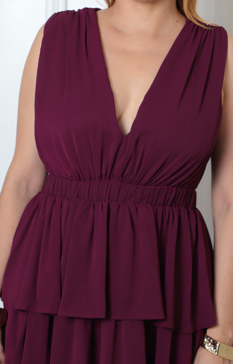 Vestido morado midi con olanes