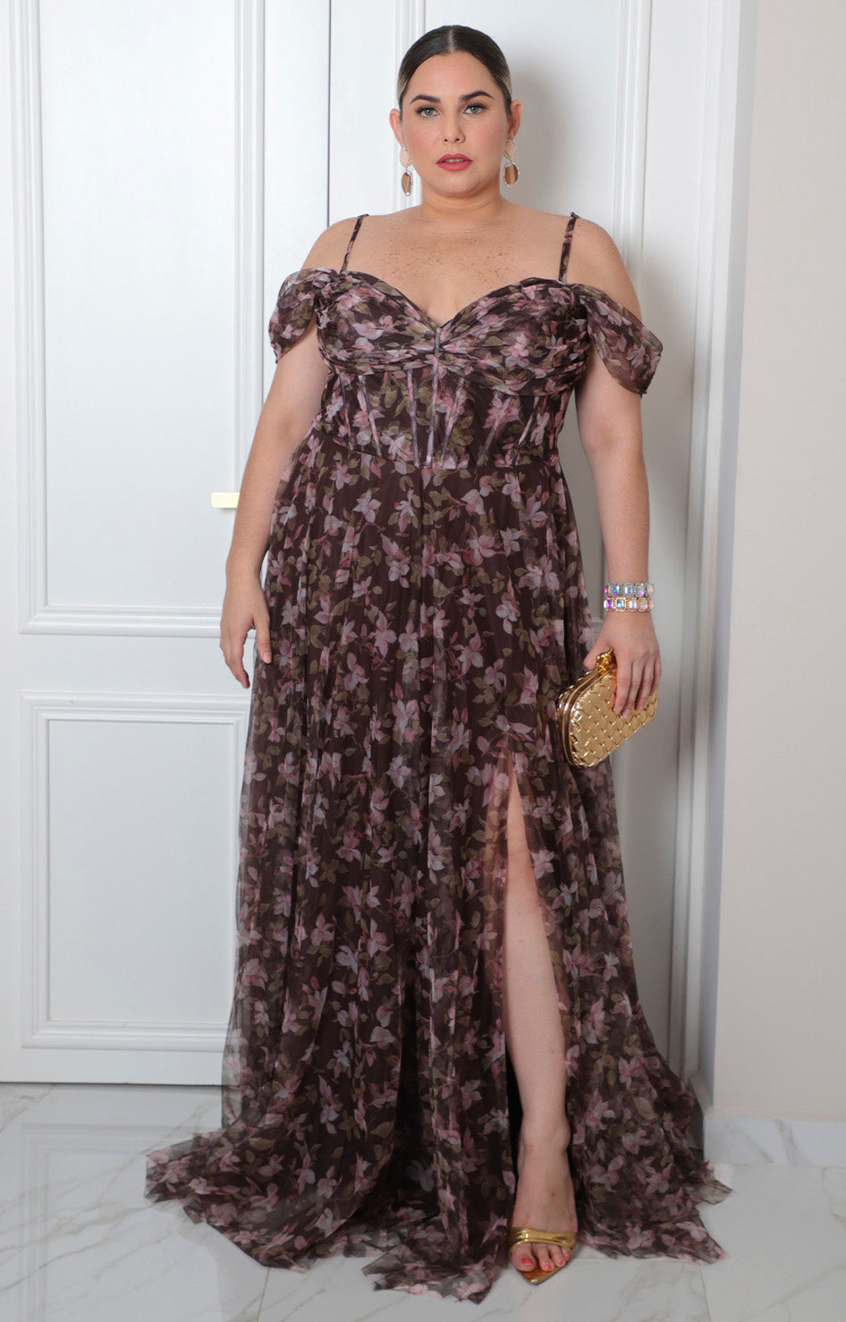 Vestido largo con escote en V estampado floral