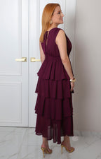 Vestido morado midi con olanes