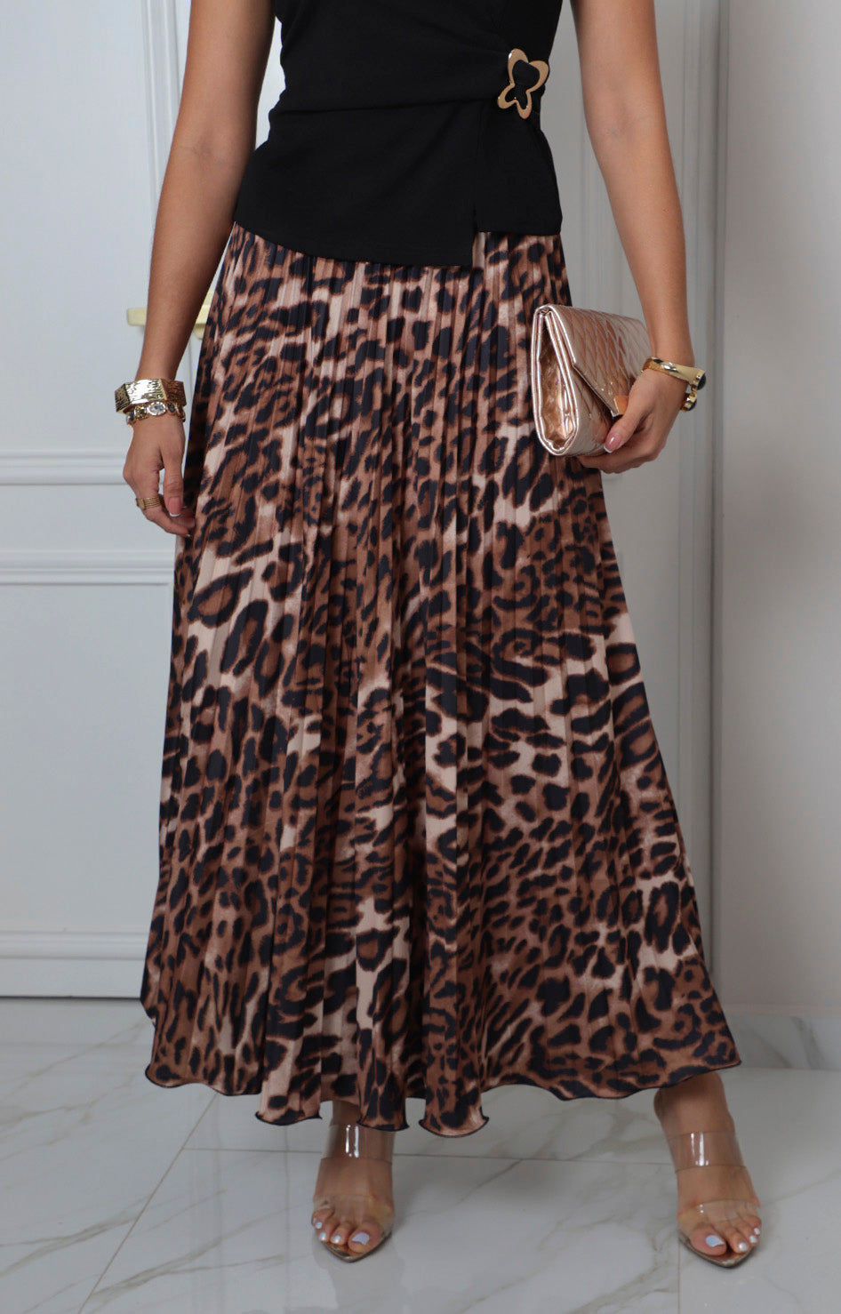 Falda larga animal print plisada