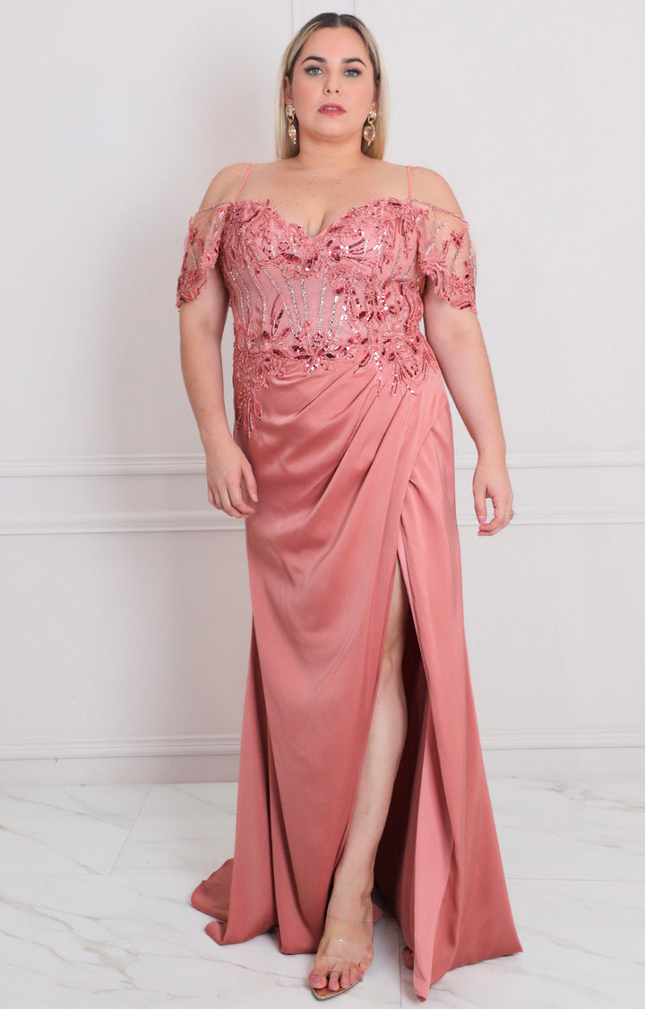 Vestido rosa con aplicaciones - VESTIDO LARGO CURVY Boutiquemirel 