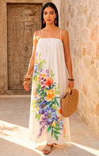 Vestido beige largo floral de tirantes