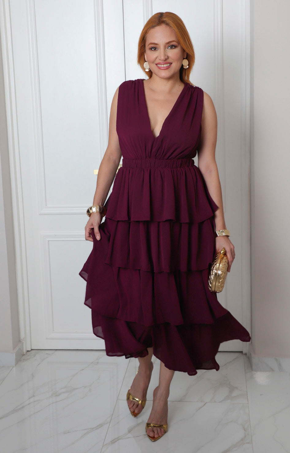 Vestido morado midi con olanes