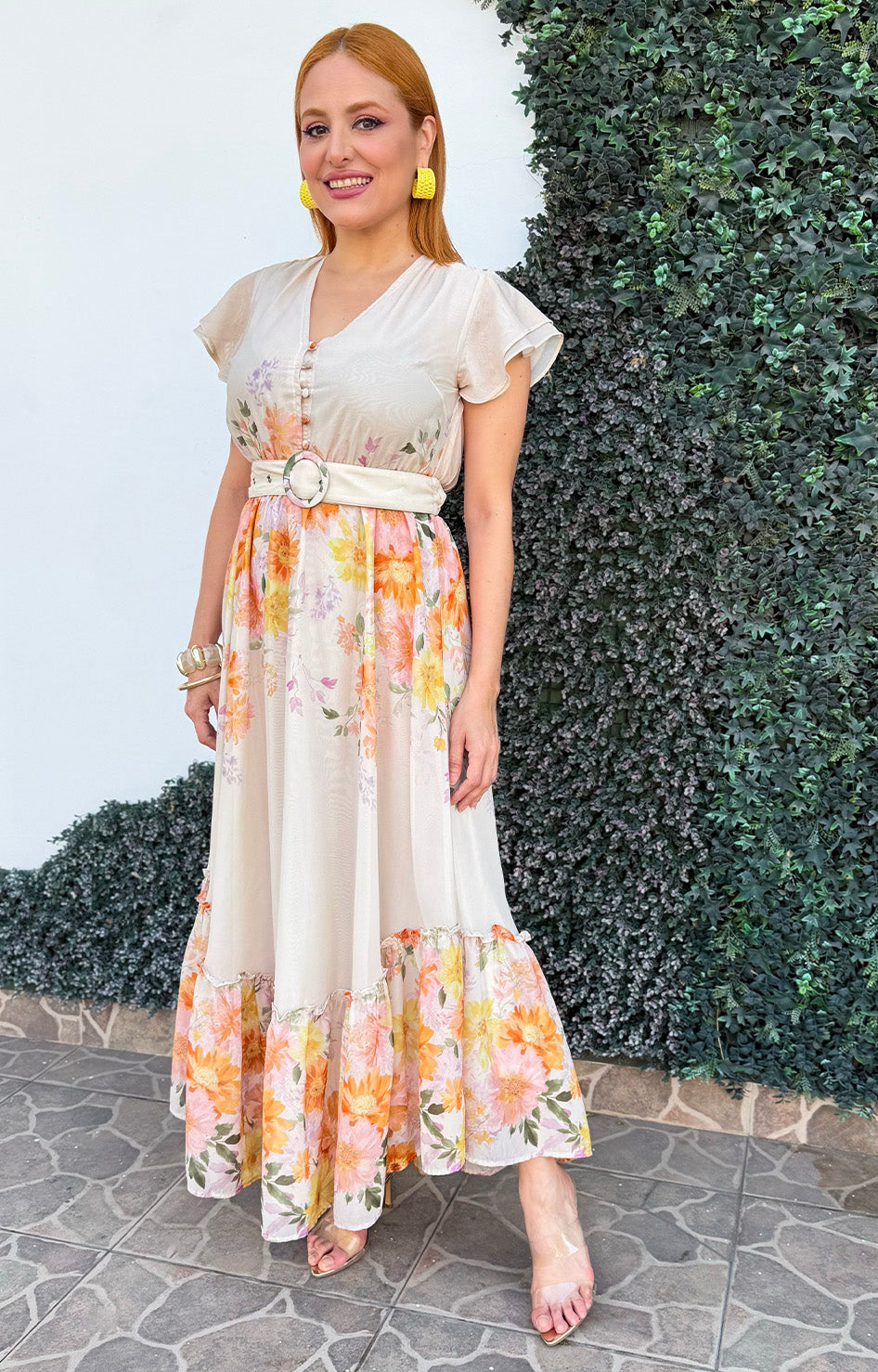 Vestido beige estampado con cinturón - VESTIDO LARGO REGULAR Boutiquemirel 
