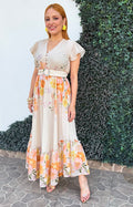 Vestido beige estampado con cinturón - VESTIDO LARGO REGULAR Boutiquemirel 