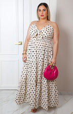 Vestido largo beige con estampado polka dots