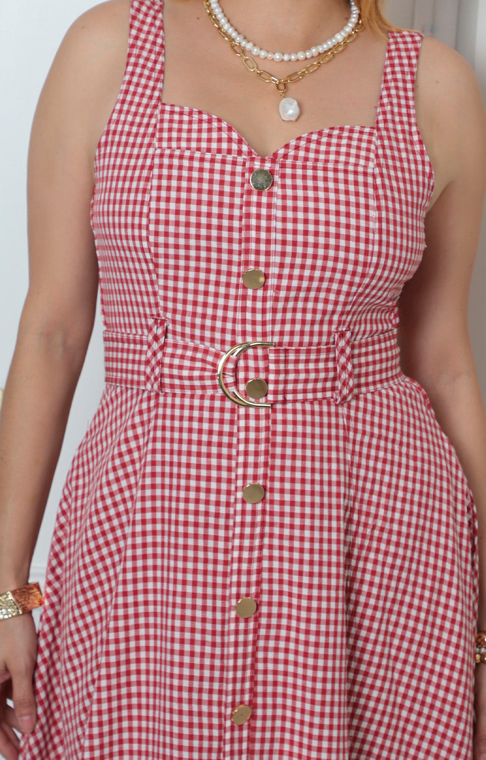 Vestido largo cuadros vichy con cinturón