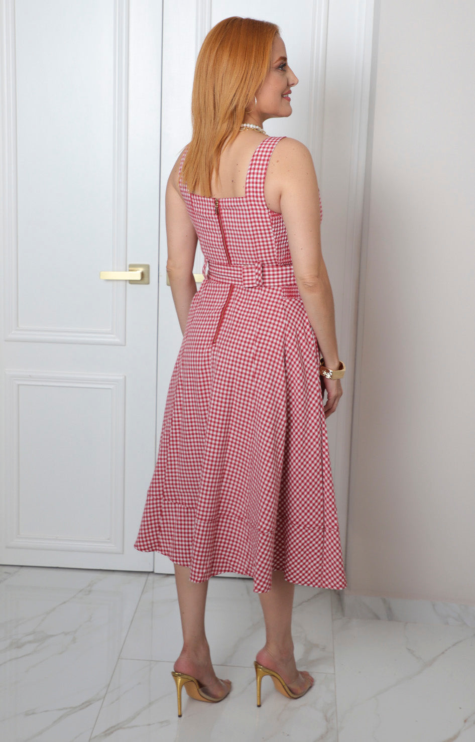 Vestido largo cuadros vichy con cinturón
