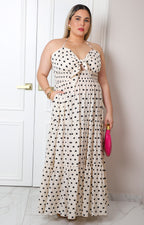 Vestido largo beige con estampado polka dots
